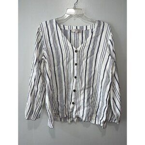 Loft Women's Button-Up Linen Blend Blouse, Medium, Striped nacy/white‎